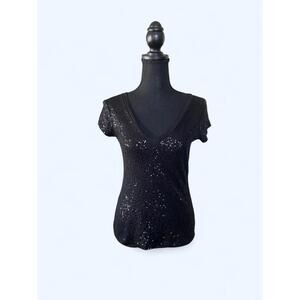 ✨ Vintage Y2K Express Black Sequin Baby Tee V-Neck Fairy Top XS ✨ Size: XS